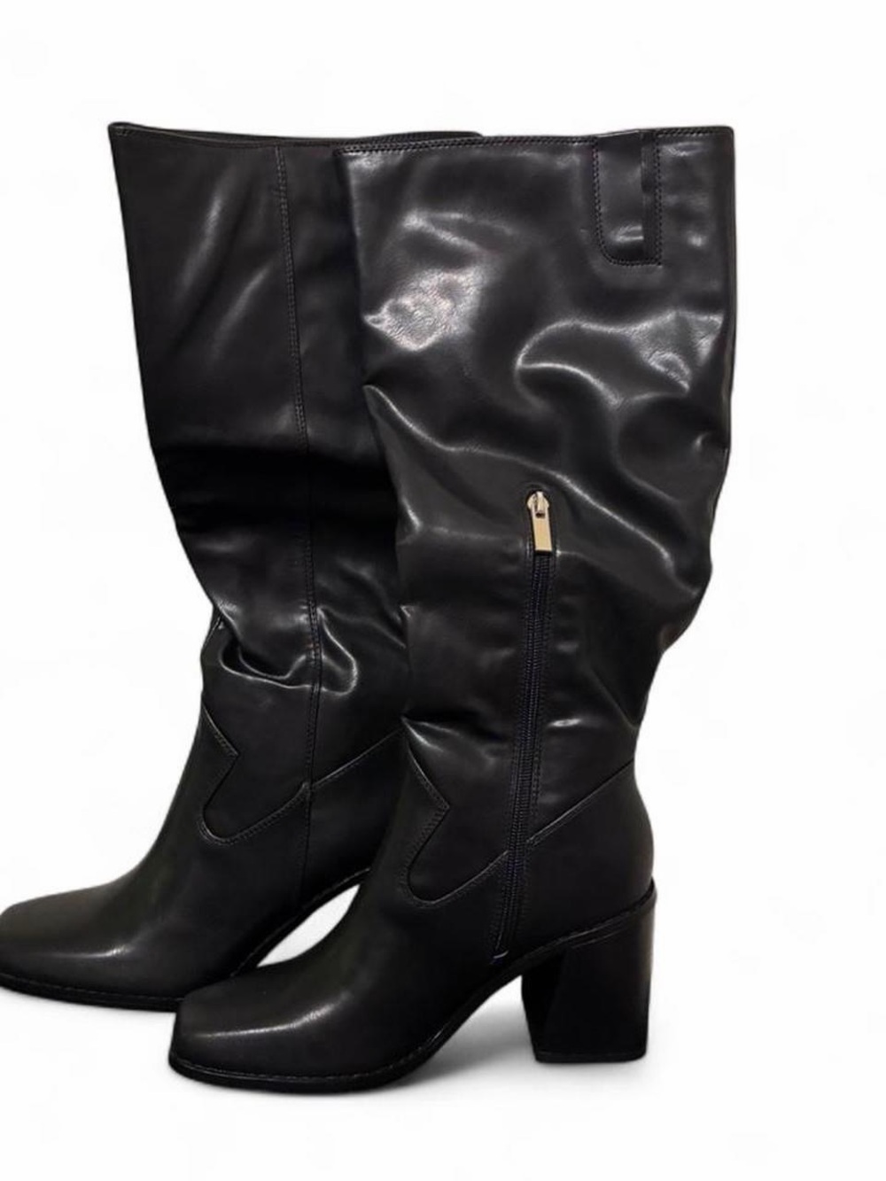 Source Unknown Black Mid-Calf Block Heel Zip Boots